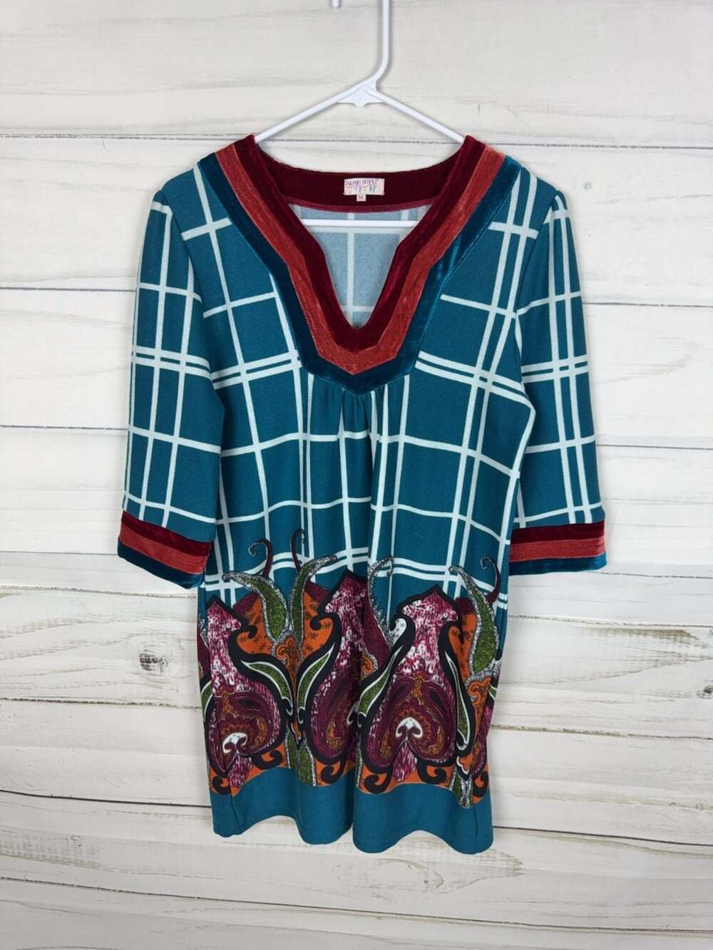 Funky People Size M Plaid Paisley Velvet Trim Tunic Dress